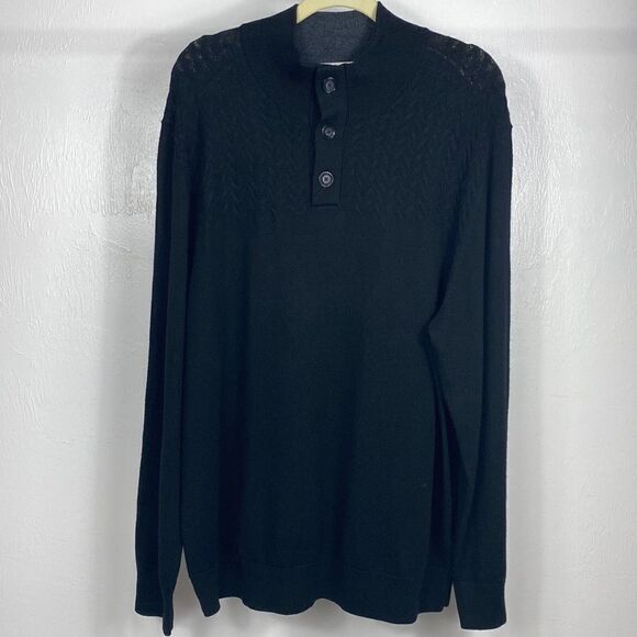 Turnbury Black Extra Fine Merino Wool Button Placket Pullover Sweater - Picture 1 of 10